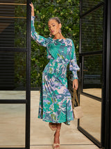Long Sleeve Floral Abstract Print Midi Dress in Green