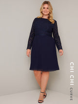 Plus Size Long Sleeved Lace Pleat Midi Dress in Blue