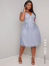 Plus Size V Neck Lace Sheer Midi Dress in Blue