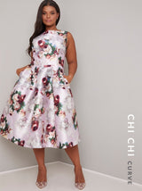Plus Size Floral Print Box Pleat Midi Dress in Pink
