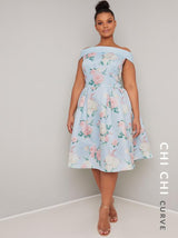 Plus Size Bardot Floral Print Midi Dress in Blue