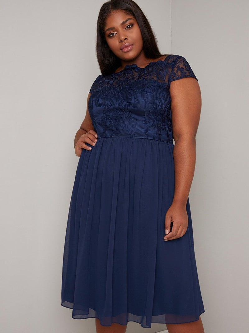 Plus Size Lace Detail Cap Sleev Midi Dress in Blue