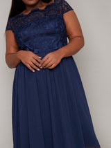 Plus Size Lace Detail Cap Sleev Midi Dress in Blue