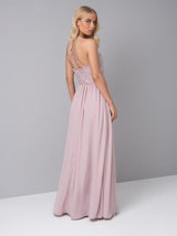 Halter Style Lace Bodice Maxi Dress in Pink