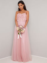 Floral 3D Cami Strap Maxi Bridesmaids Dress in Brown