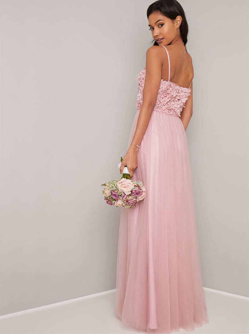 Floral 3D Cami Strap Maxi Bridesmaids Dress in Brown