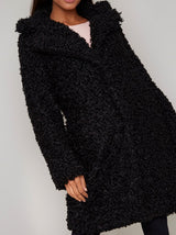Longline Teddy Coat with Faux Fur Collar in Black