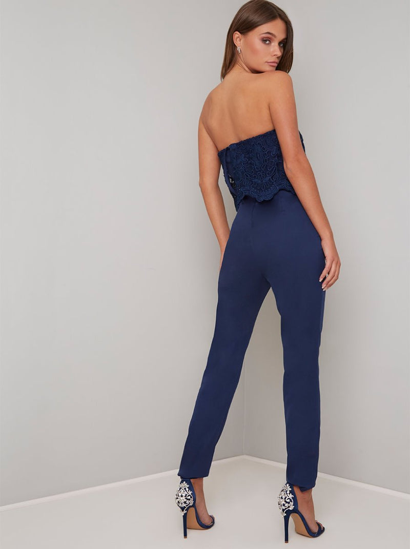 Strapless Lace Overlay Slim Fit Jumpsuit in Blue