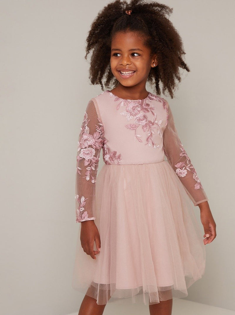 Girls Lace Bodice Tulle Midi Dress in Pink