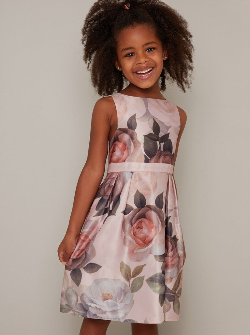 Girls Floral Print Pleated Skirt Dress In Pink