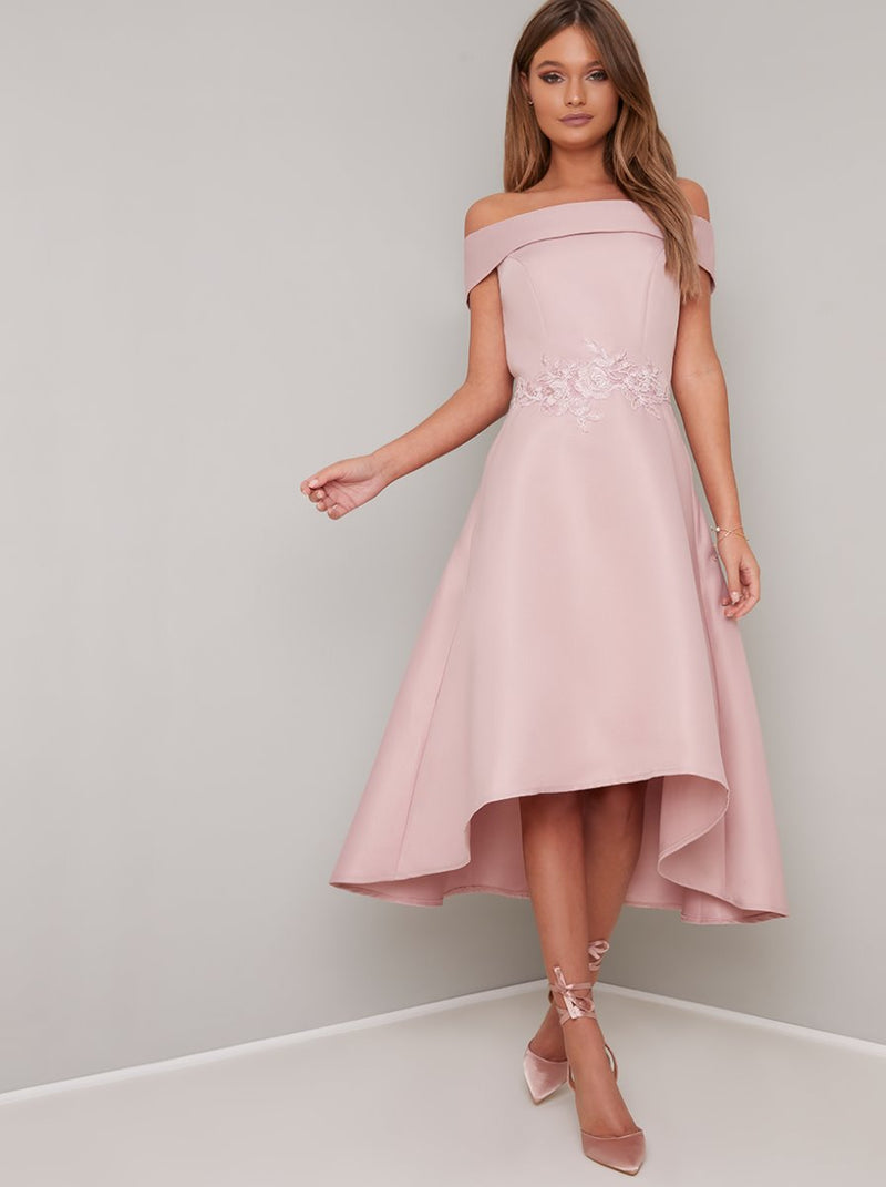Bardot Lace Detail Dip Hem Midi Dress in Pink