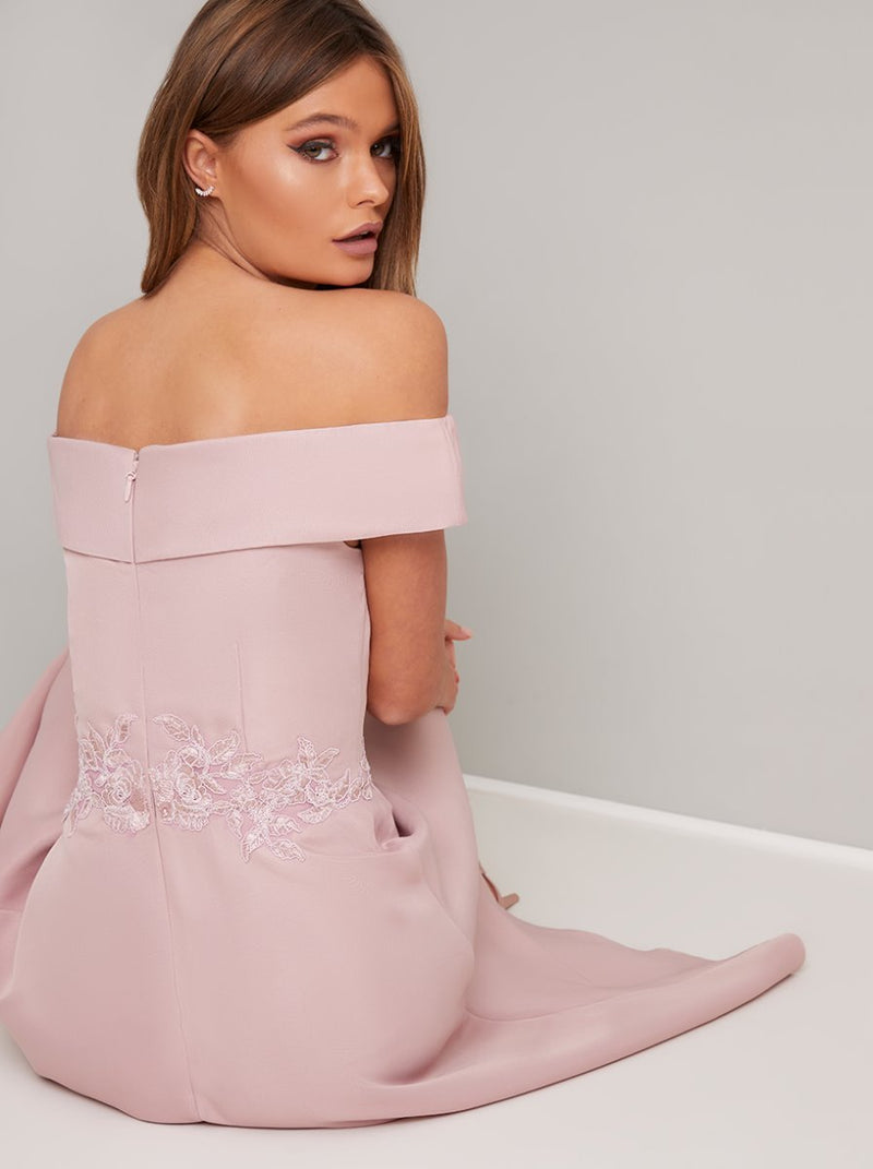 Bardot Lace Detail Dip Hem Midi Dress in Pink