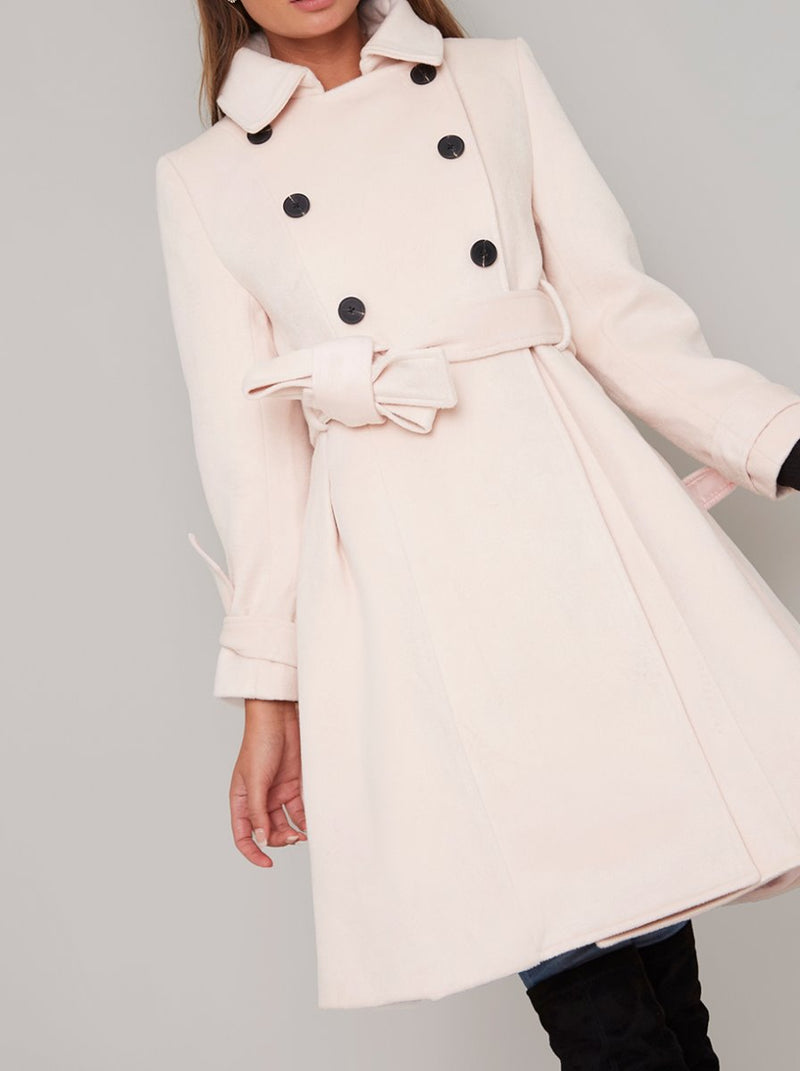 Fit And Flare Button Detail Coat in Nude