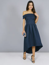 Dip Hem Bardot Dress with Pleated Skirt in Blue