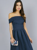 Dip Hem Bardot Dress with Pleated Skirt in Blue