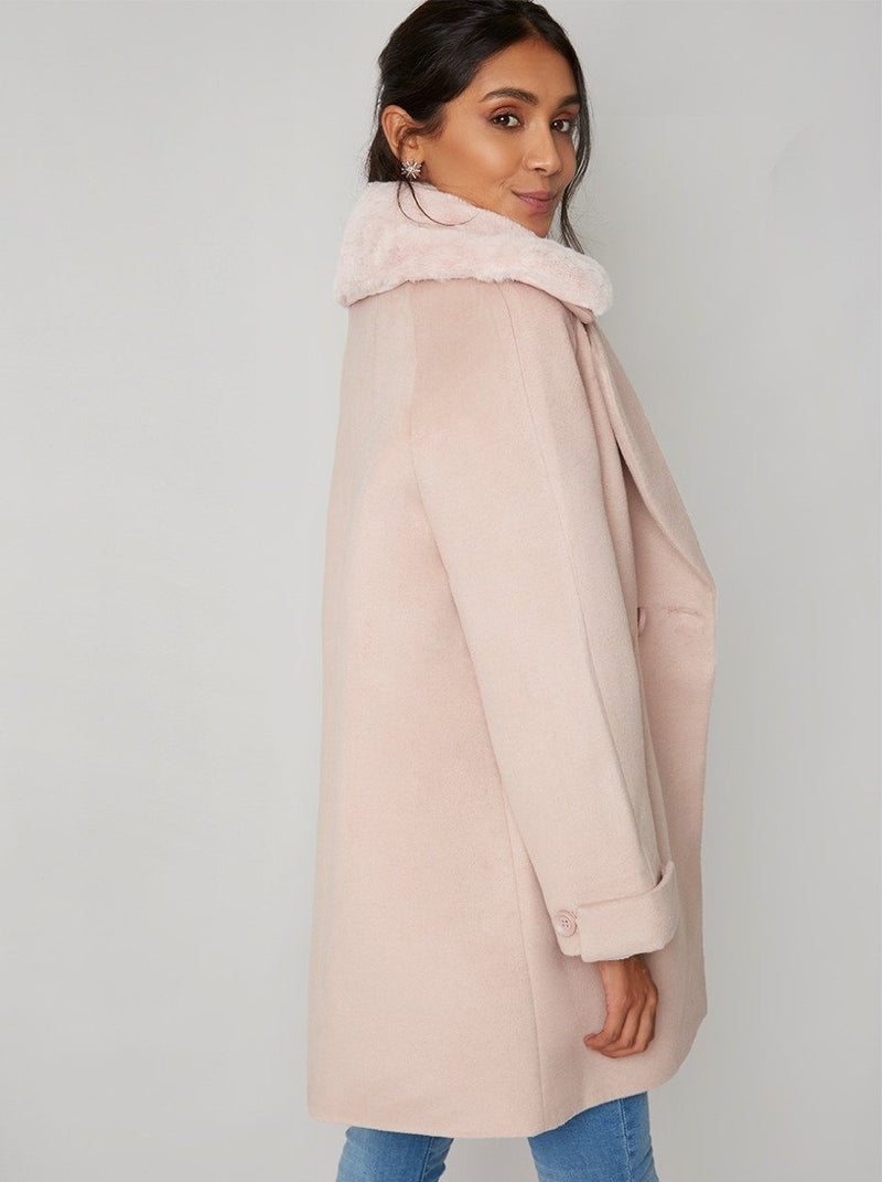 Faux Fur Collar Longline Coat in Pink