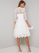 Lace Embroidered Long Sleeve Tulle Midi Dress in White