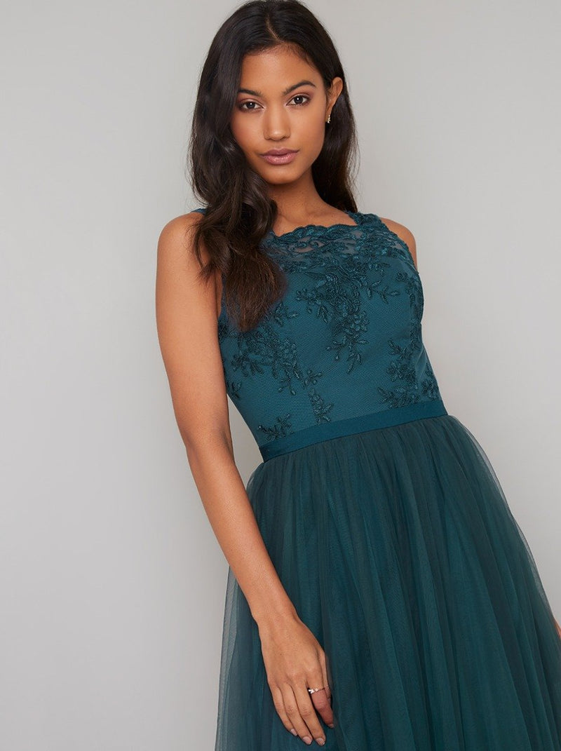 Lace Bodice Sleeveless Tulle Maxi Dress in Green