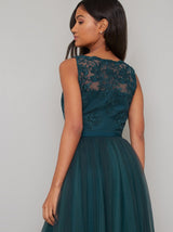 Lace Bodice Sleeveless Tulle Maxi Dress in Green