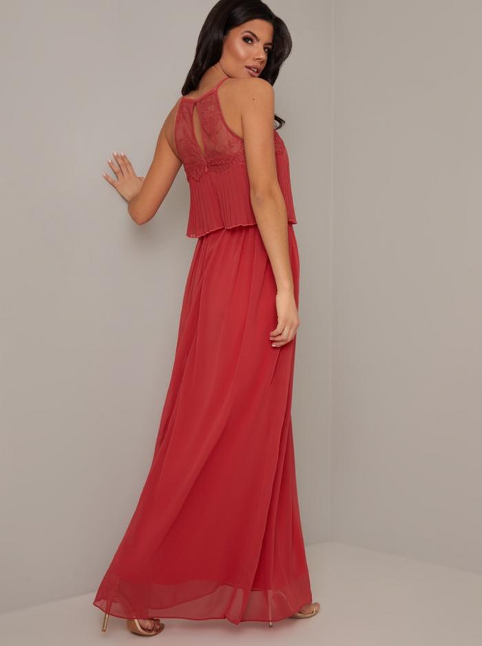 Halter Neck Pleat Lace Bodice Maxi Dress in Red