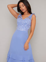 Floral 3D Bodice Ruffle Hem Midi Dress In Blue