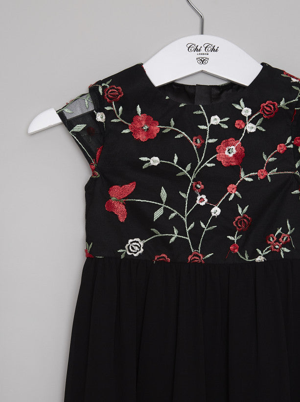 Girls Floral Embroidered Party Midi Dress in Black