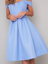 Fold-Over Bardot Plain Midi Dress in Blue