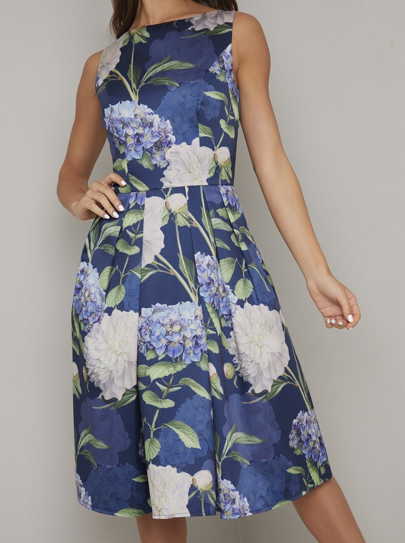Bold Floral Print Midi Dress in Blue