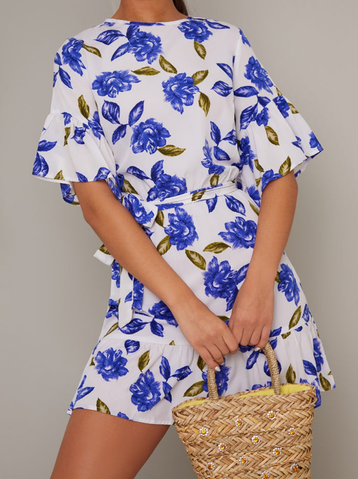 Angel Sleeve Floral Print Mini Dress in Blue