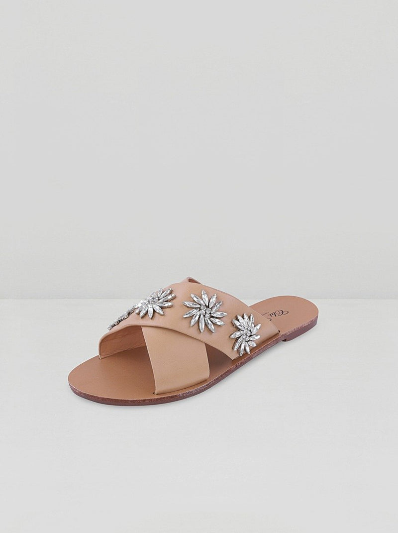 Diamante Detail Flat Mule Sandals in Tan