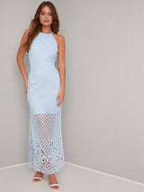 Lace Overlay Bodycon Maxi Dress in Blue