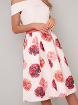 Bardot Neck Floral Print Midi Dress in Pink