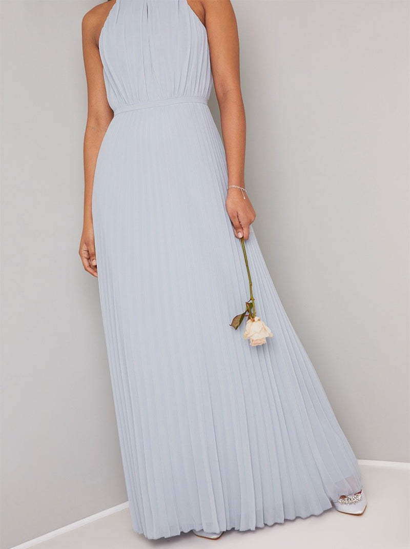Halter Neck Detail Pleat Bridesmaid Maxi Dress in Blue