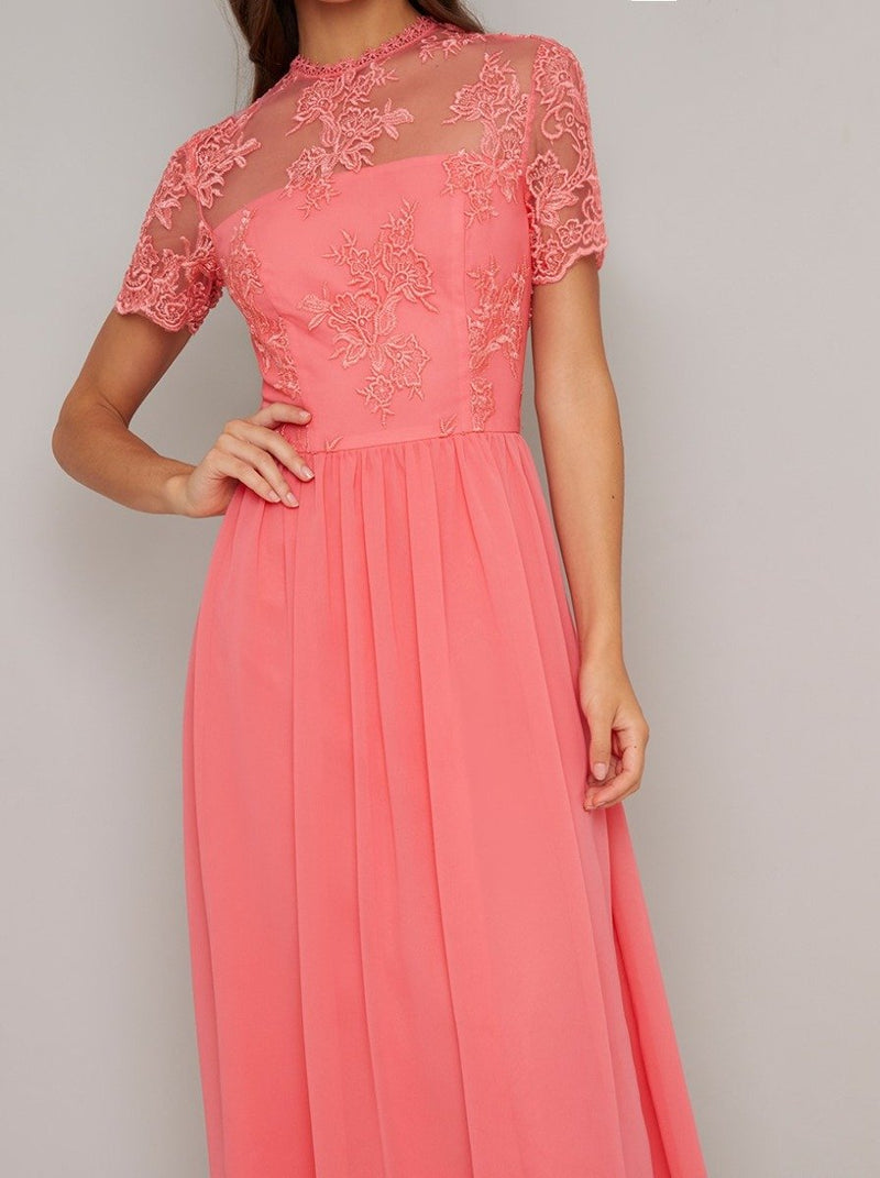 Embroidered Short Sleeved Midi Dress in Coral