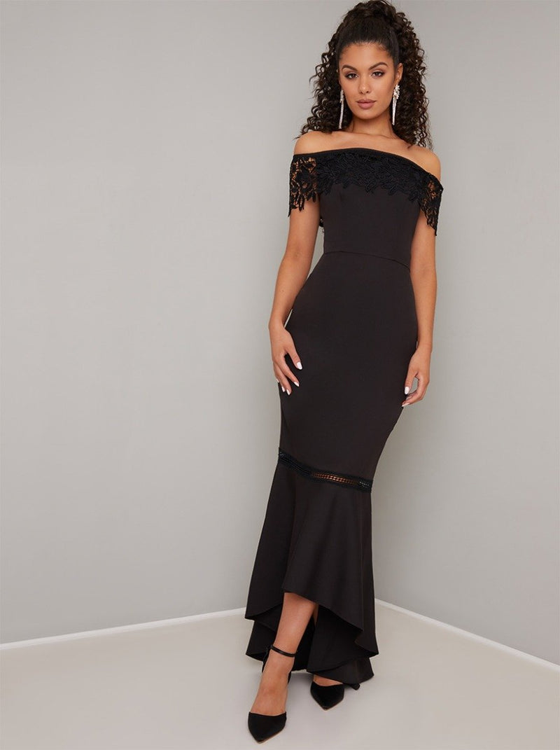 Bardot Lace Dip Hem Maxi Dress in Black