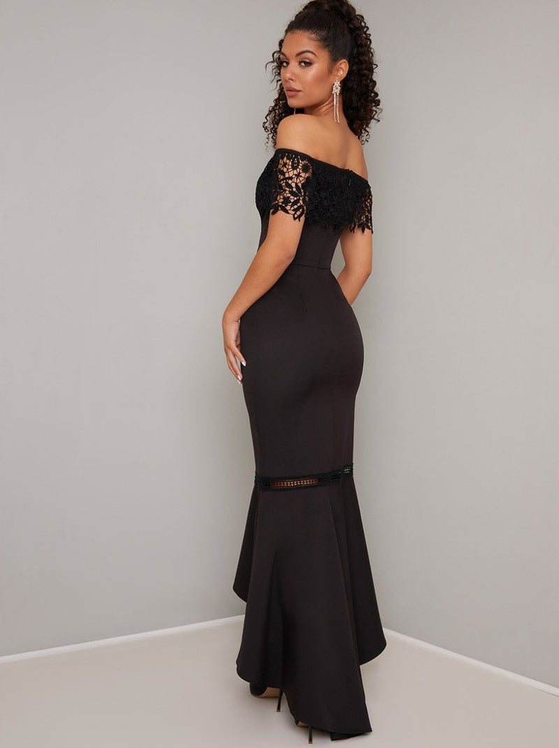 Bardot Lace Dip Hem Maxi Dress in Black