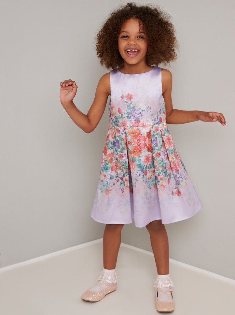 Girls Floral Print Party Dress in Lilac