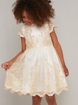 Girls Embroidered Lace Midi Dress in Cream