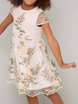 Girls Lace Embroidered Dress in Cream
