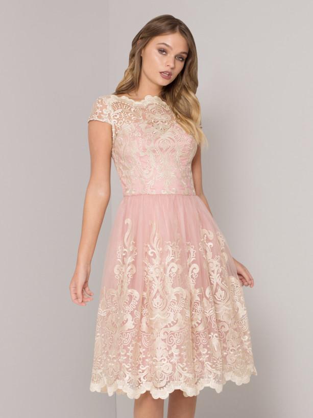 Baroque Style Embroidered Tea Dress in Vintage Rose
