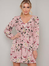 Floral Print Long Sleeved Mini Dress in Pink