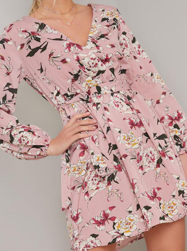 Floral Print Long Sleeved Mini Dress in Pink