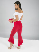 Draped Frill Crop Trousers in Red