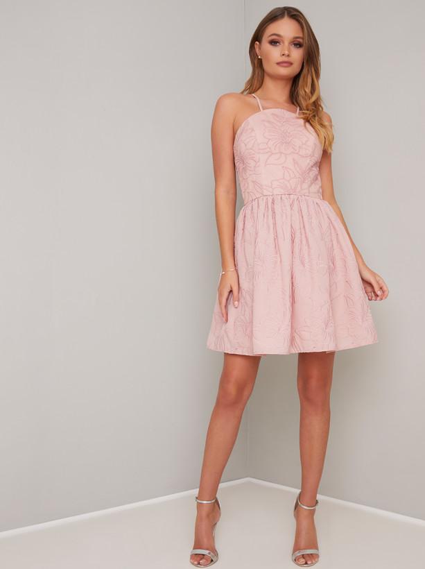 Lace Detail Sheer Back Mini Dress in Pink