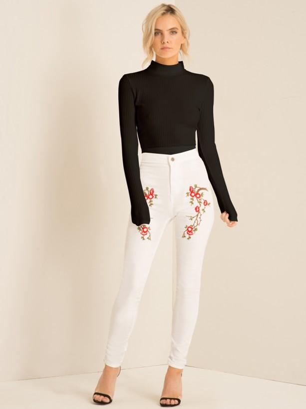 Embroidered Detail Skinny Jeans in White