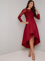 Lace Long Sleeved Dip Hem Midi Dress in Red