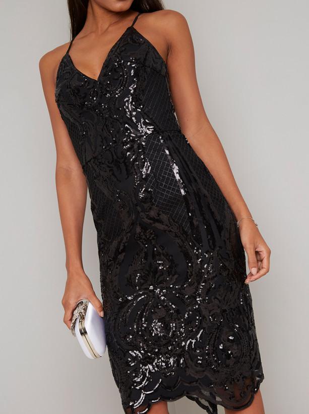 Cami Strap Sequin Overlay Midi Dress in Black