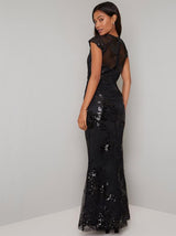 Sequin Embellished Fishtail Maxi Dress in Black