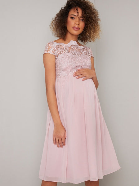 Lace Mesh Overlay Maternity Dress | Bell Sleeve Maternity Dress