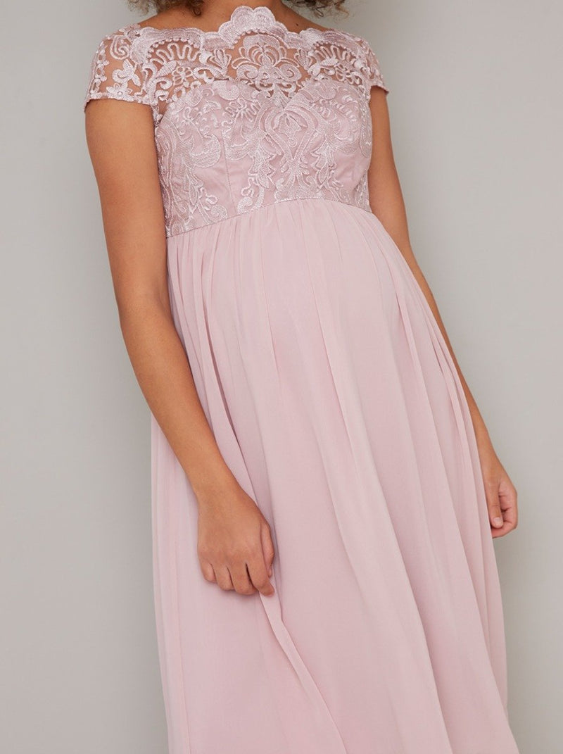 Embroidered Barquot Style Midi Maternity Dress in Pink